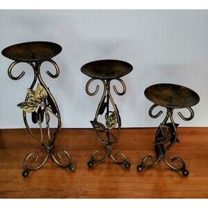 vintage wrought iron candle holders Leaves Scroll Set Of 3 Retro